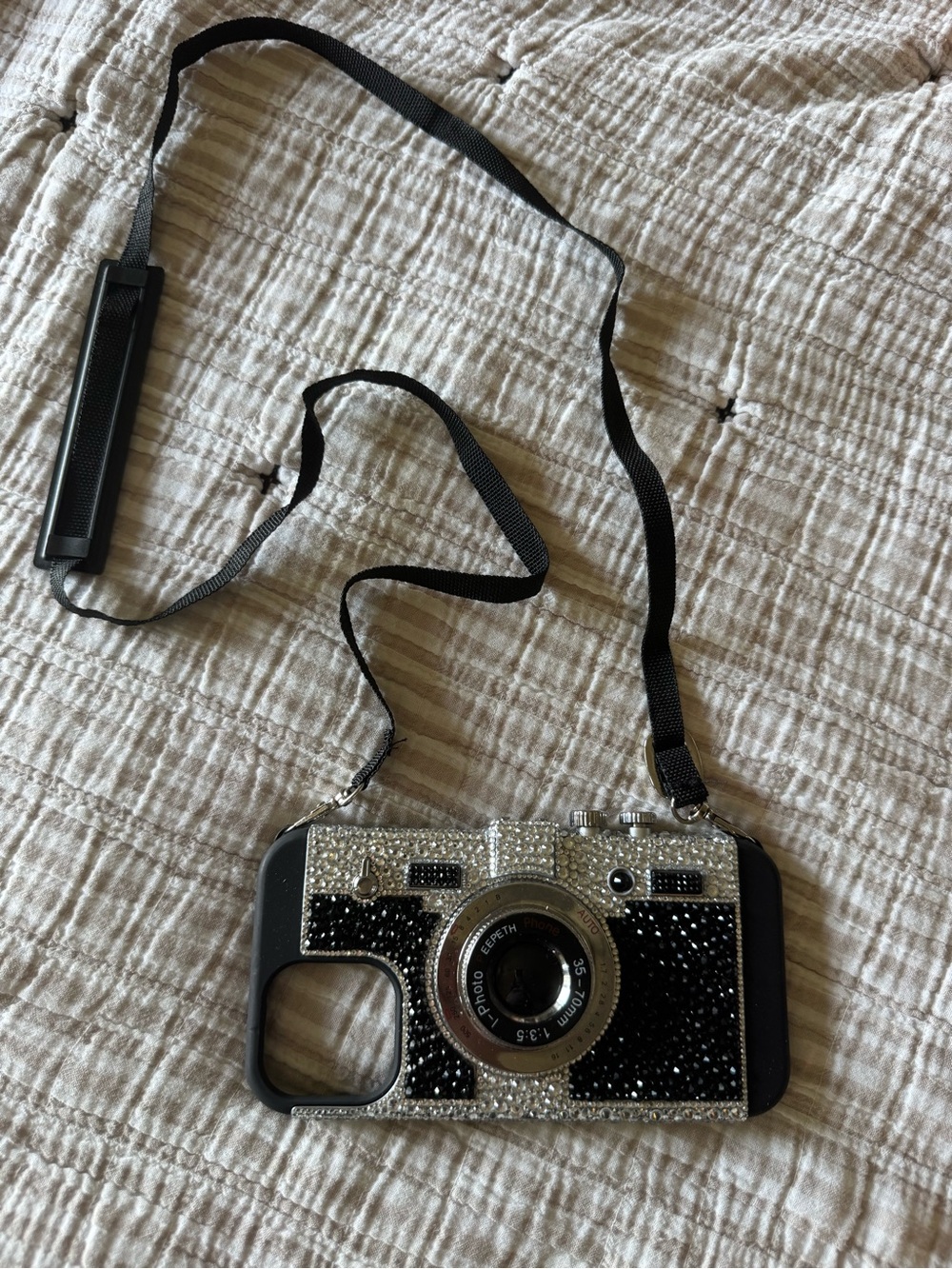 Decorative Emily in Paris Black & Silver Camera-Style Phone Case with Strap